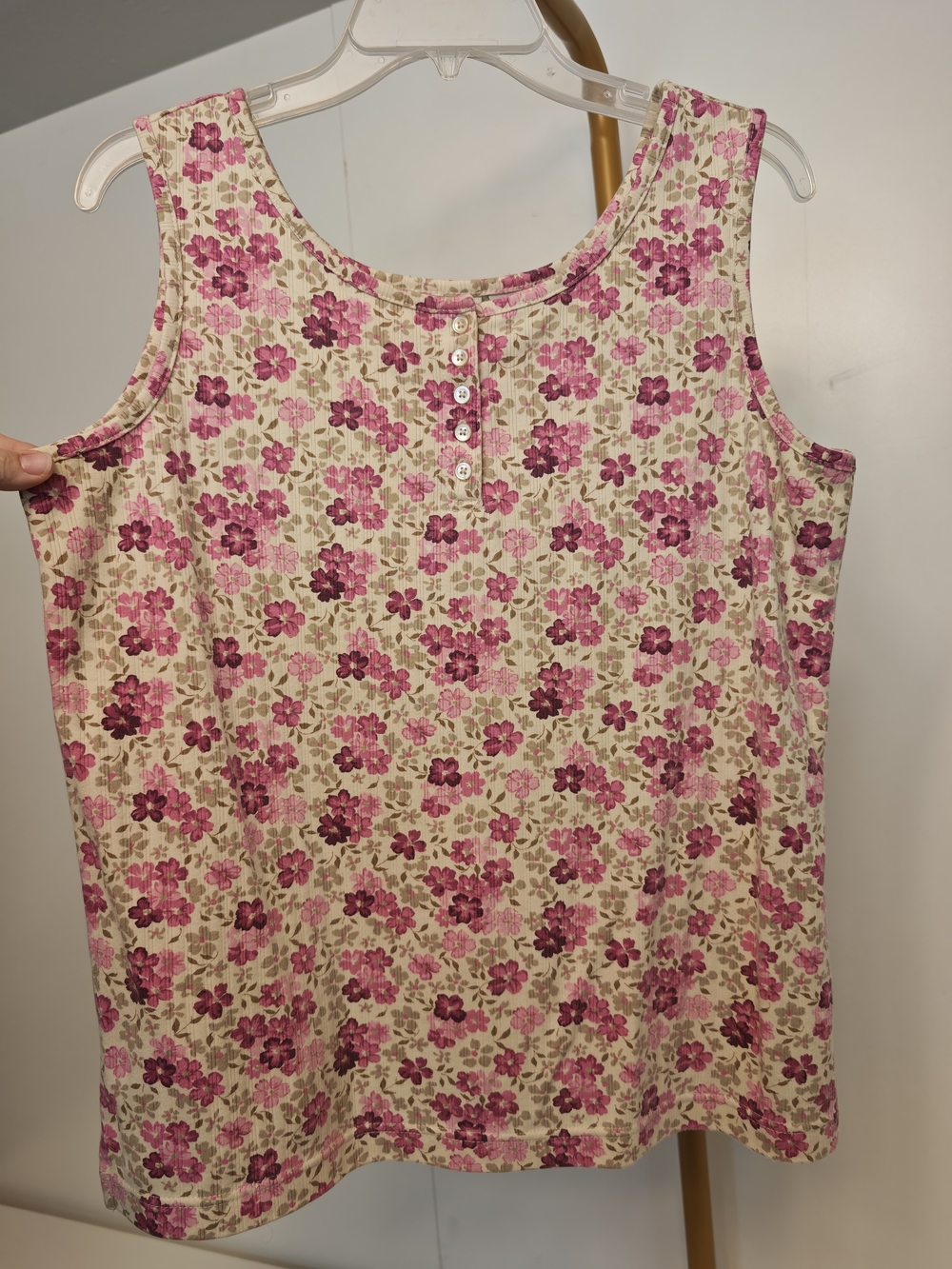 Cottage Cream Pink Floral Coquette Henley Tank Top Ribbed Knit 90s Size Large